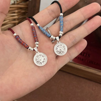 999 sudraba astoņu dārgumu kompasu kulons ar rokām adītu kukurūzas tipa ķēdi, universāls, etnisks stils, garums 41–50 cm