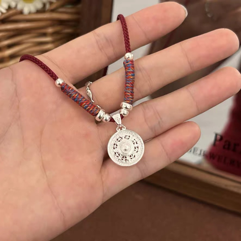 999 sudraba astoņu dārgumu kompasu kulons ar rokām adītu kukurūzas tipa ķēdi, universāls, etnisks stils, garums 41–50 cm