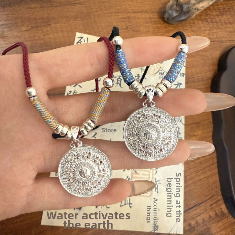 999 sudraba astoņu dārgumu kompasu kulons ar rokām adītu kukurūzas tipa ķēdi, universāls, etnisks stils, garums 41–50 cm