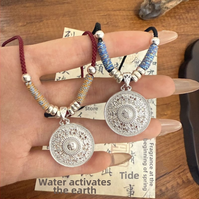 999 sudraba astoņu dārgumu kompasu kulons ar rokām adītu kukurūzas tipa ķēdi, universāls, etnisks stils, garums 41–50 cm