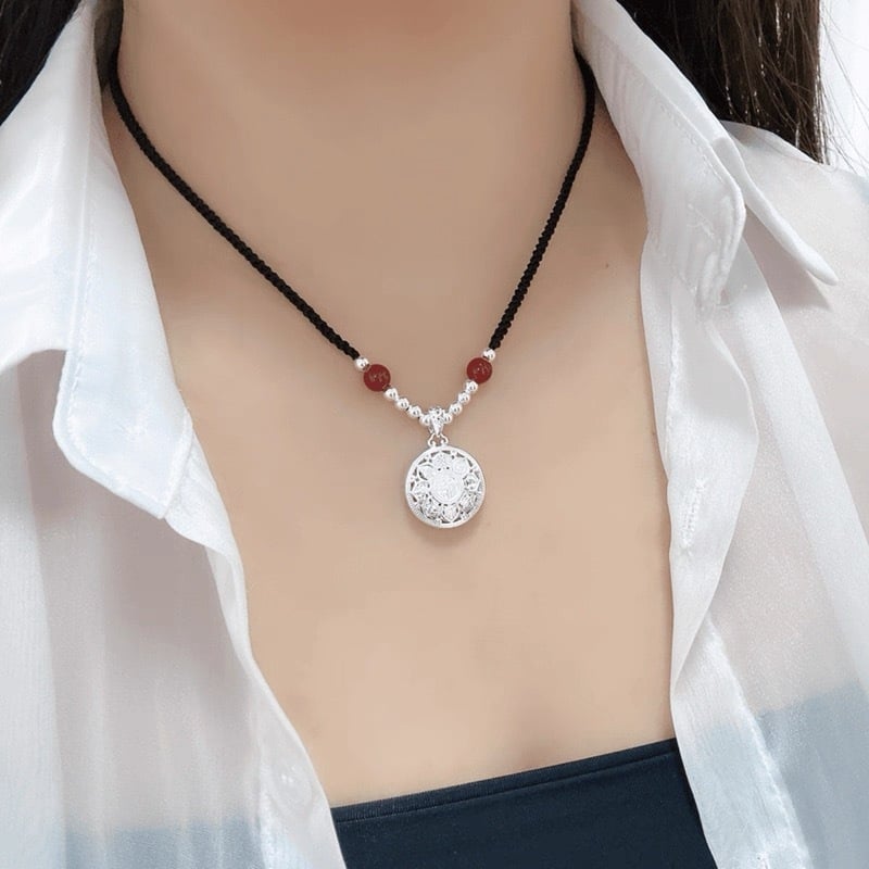 999 sudraba astoņu dārgumu kompasu kulons ar rokām adītu kukurūzas tipa ķēdi, universāls, etnisks stils, garums 41–50 cm