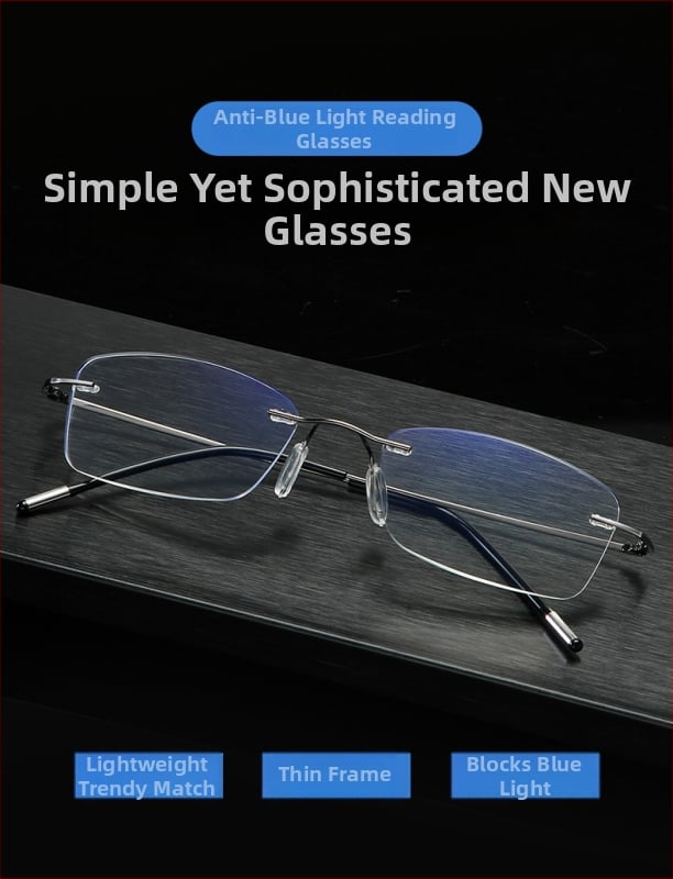 Ochelari de lectură, fără ramă, construcție metalică, lentile PC, anti-lumină albastră, model 8025