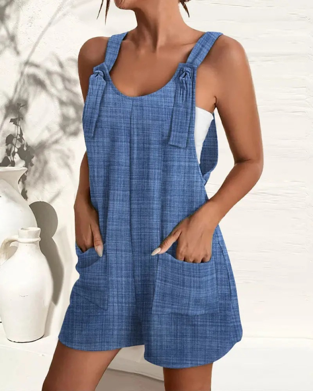 Sieviešu poliestera kombinezons ar siksniņām, bez piedurknēm, brīvā piegriezuma, īsiem biksēm, vasara 2023