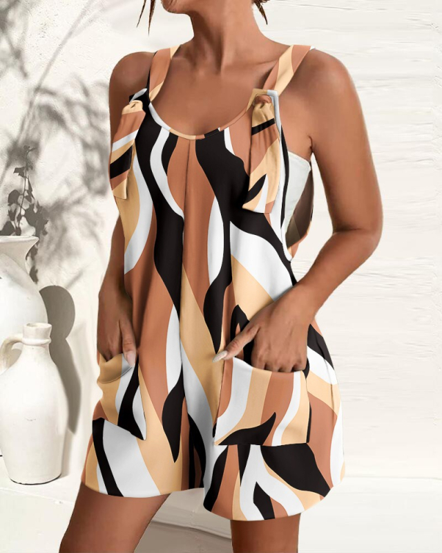 Sieviešu poliestera kombinezons ar siksniņām, bez piedurknēm, brīvā piegriezuma, īsiem biksēm, vasara 2023