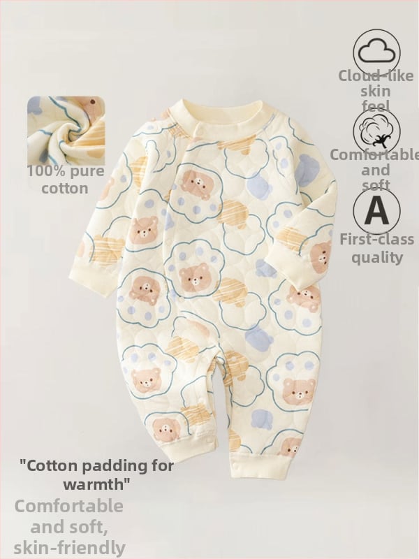 Zīdaiņu kombinezons no kokvilnas – trīs slāņu silts, rudens-ziemas sezonai, jaundzimušajiem, garas piedurknes, priekšējais vienkāršais aizvērums