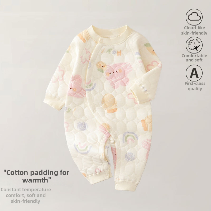 Zīdaiņu kombinezons no kokvilnas – trīs slāņu silts, rudens-ziemas sezonai, jaundzimušajiem, garas piedurknes, priekšējais vienkāršais aizvērums