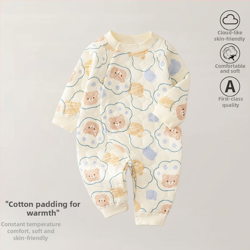 Zīdaiņu kombinezons no kokvilnas – trīs slāņu silts, rudens-ziemas sezonai, jaundzimušajiem, garas piedurknes, priekšējais vienkāršais aizvērums