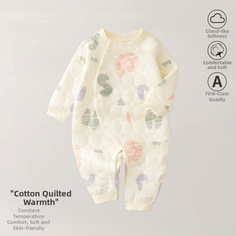 Zīdaiņu kombinezons no kokvilnas – trīs slāņu silts, rudens-ziemas sezonai, jaundzimušajiem, garas piedurknes, priekšējais vienkāršais aizvērums