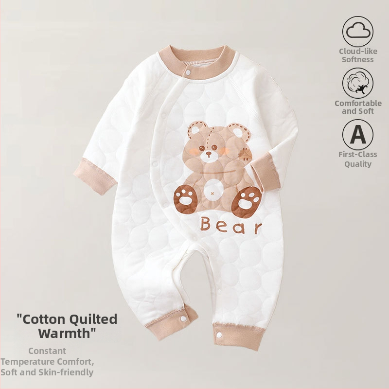 Zīdaiņu kombinezons no kokvilnas – trīs slāņu silts, rudens-ziemas sezonai, jaundzimušajiem, garas piedurknes, priekšējais vienkāršais aizvērums