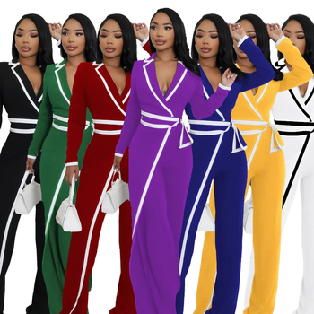 Sieviešu kombinezons ar jostu viduklī, garas piedurknes, taisnas bikses, poliesters