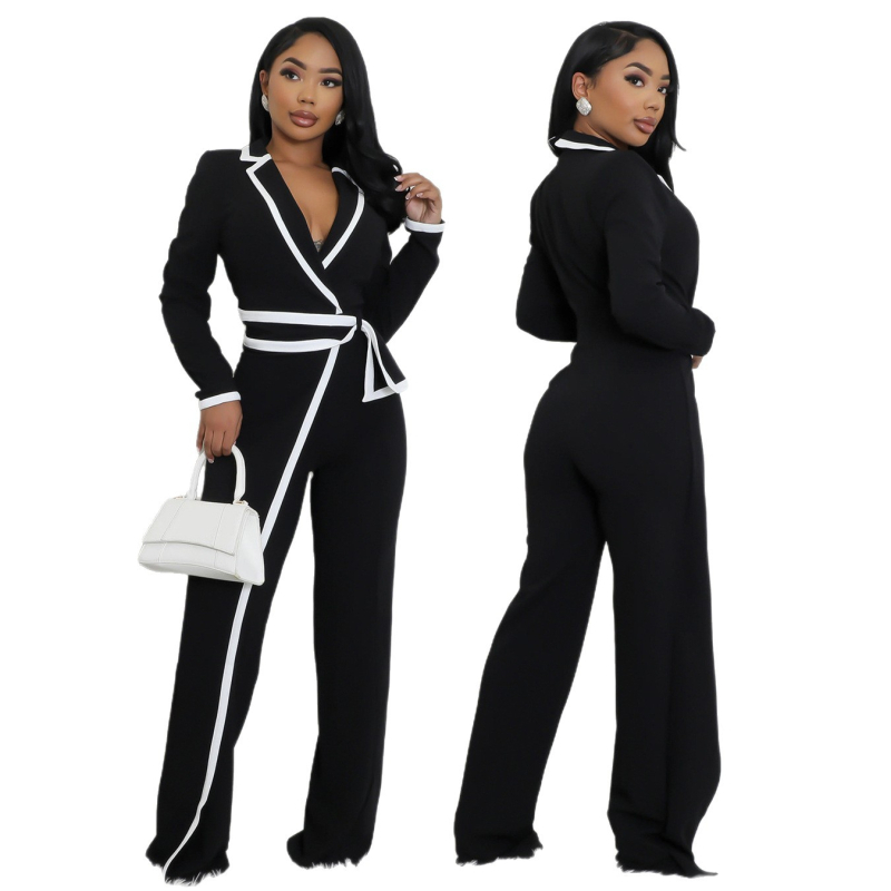 Sieviešu kombinezons ar jostu viduklī, garas piedurknes, taisnas bikses, poliesters