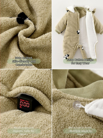 Bērnu kombinezonā ar biezinātu pildījumu, 100% kokvilna, polārfleece audums, piemērots zīdaiņiem no dzimšanas līdz 12 mēnešiem.