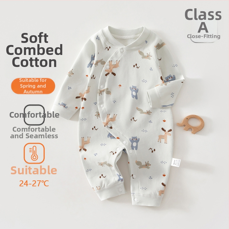 Zīdaiņu kokvilnas kombinezon s garām piedurknēm, universāls, 100% kokvilna, jaunajam zīdainim (0–1 gads), diagonālais pogu aizvērums