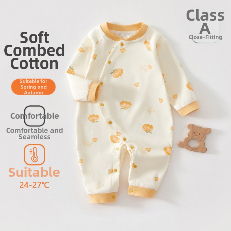 Zīdaiņu kokvilnas kombinezon s garām piedurknēm, universāls, 100% kokvilna, jaunajam zīdainim (0–1 gads), diagonālais pogu aizvērums