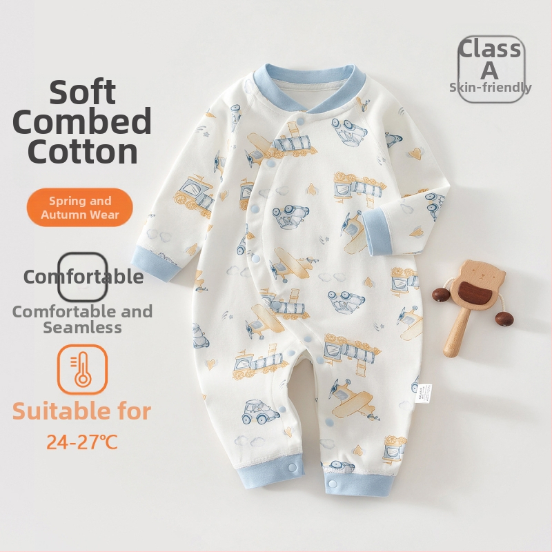 Zīdaiņu kokvilnas kombinezon s garām piedurknēm, universāls, 100% kokvilna, jaunajam zīdainim (0–1 gads), diagonālais pogu aizvērums