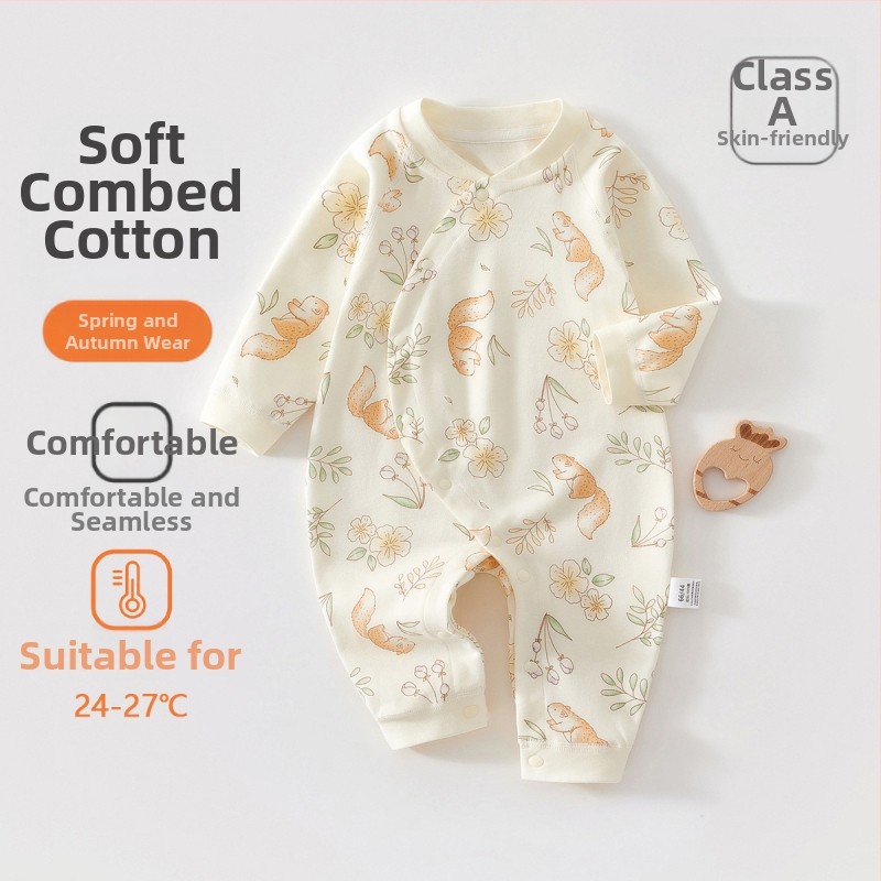Zīdaiņu kokvilnas kombinezon s garām piedurknēm, universāls, 100% kokvilna, jaunajam zīdainim (0–1 gads), diagonālais pogu aizvērums