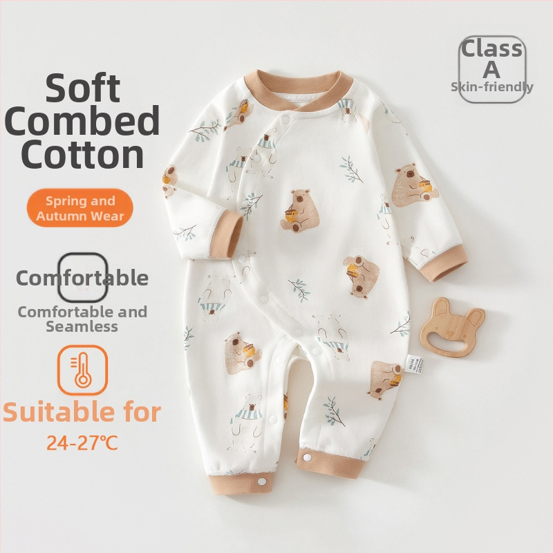Zīdaiņu kokvilnas kombinezon s garām piedurknēm, universāls, 100% kokvilna, jaunajam zīdainim (0–1 gads), diagonālais pogu aizvērums