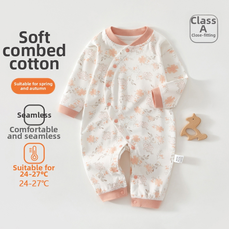 Zīdaiņu kokvilnas kombinezon s garām piedurknēm, universāls, 100% kokvilna, jaunajam zīdainim (0–1 gads), diagonālais pogu aizvērums