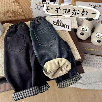 Zēnu džinsa bikses ar flīsa iekšpusi un rakstainu maliņu, ziemas siltums