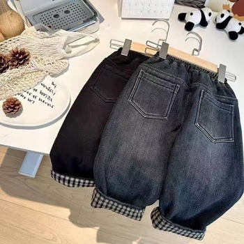 Zēnu džinsa bikses ar flīsa iekšpusi un rakstainu maliņu, ziemas siltums