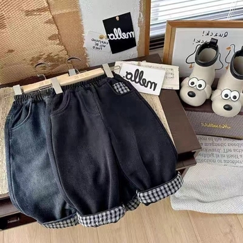 Zēnu džinsa bikses ar flīsa iekšpusi un rakstainu maliņu, ziemas siltums