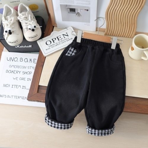 Zēnu džinsa bikses ar flīsa iekšpusi un rakstainu maliņu, ziemas siltums