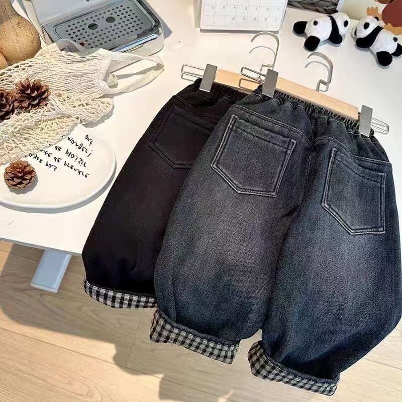 Zēnu džinsa bikses ar flīsa iekšpusi un rakstainu maliņu, ziemas siltums