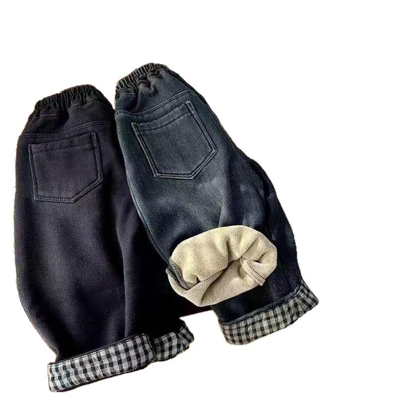 Zēnu džinsa bikses ar flīsa iekšpusi un rakstainu maliņu, ziemas siltums