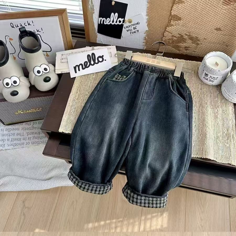 Zēnu džinsa bikses ar flīsa iekšpusi un rakstainu maliņu, ziemas siltums