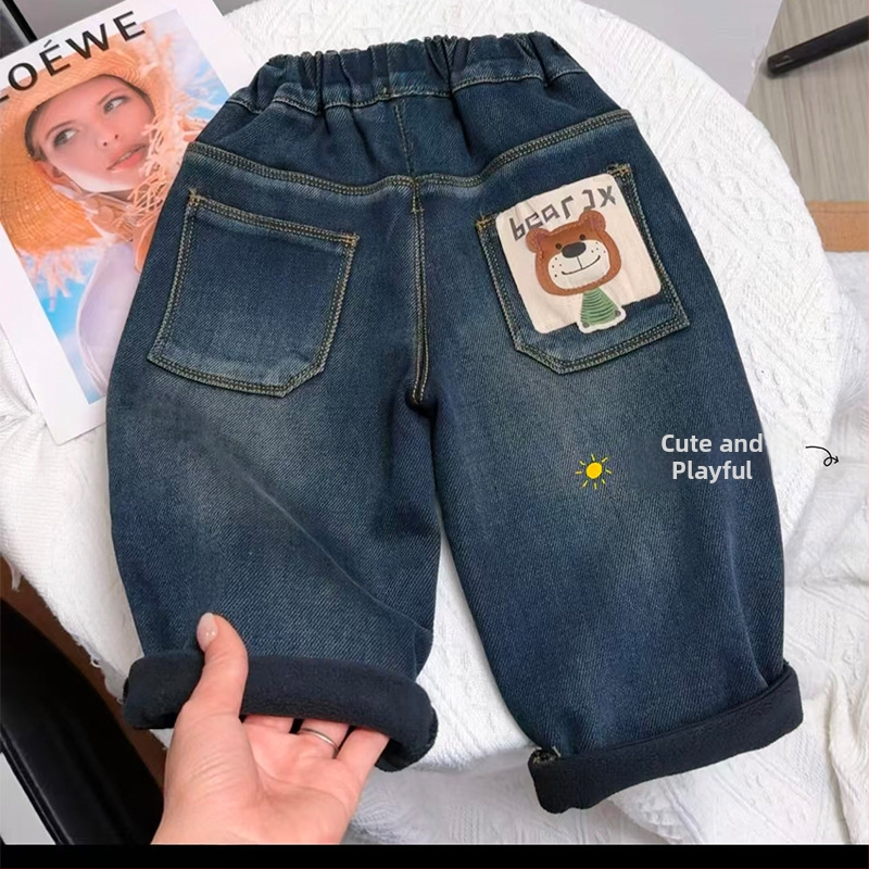 Zēnu džinsa bikses ar flīsa iekšpusi un rakstainu maliņu, ziemas siltums