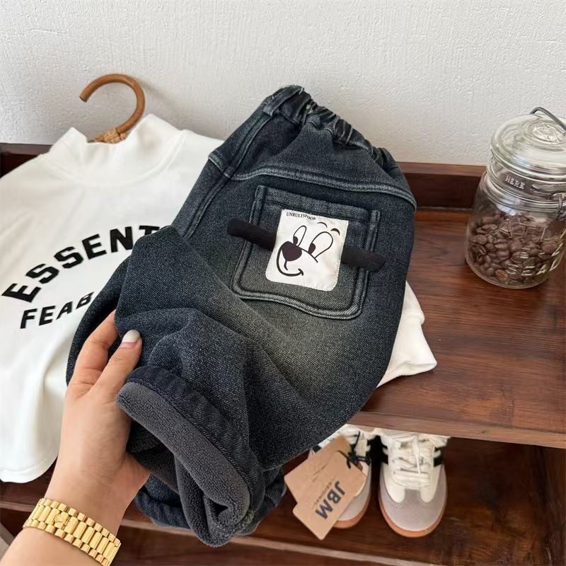 Zēnu džinsa bikses ar flīsa iekšpusi un rakstainu maliņu, ziemas siltums