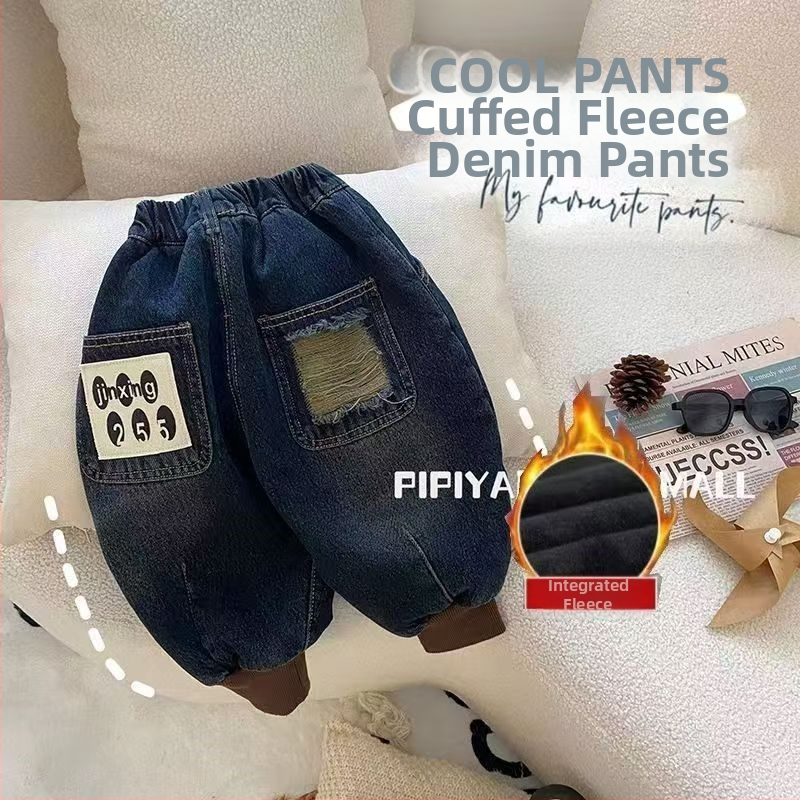 Zēnu džinsa bikses ar flīsa iekšpusi un rakstainu maliņu, ziemas siltums