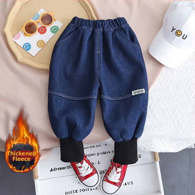 Zēnu džinsa bikses ar flīsa iekšpusi un rakstainu maliņu, ziemas siltums