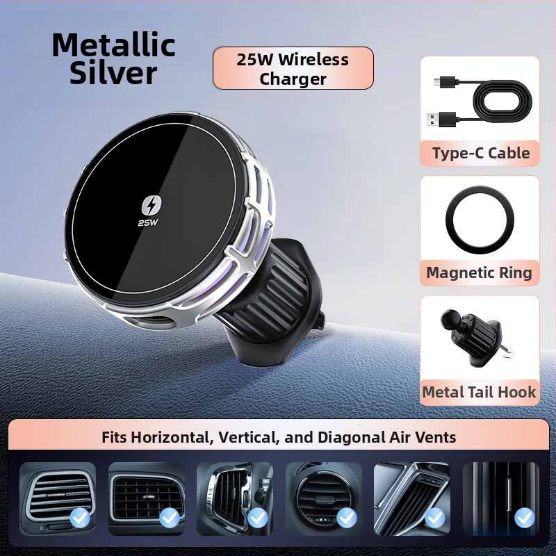 Auto držač za telefon s bežičnim punjenjem, dvostruki magnetski, sklopivi zaslon, 25W, kompatibilan s navigacijom