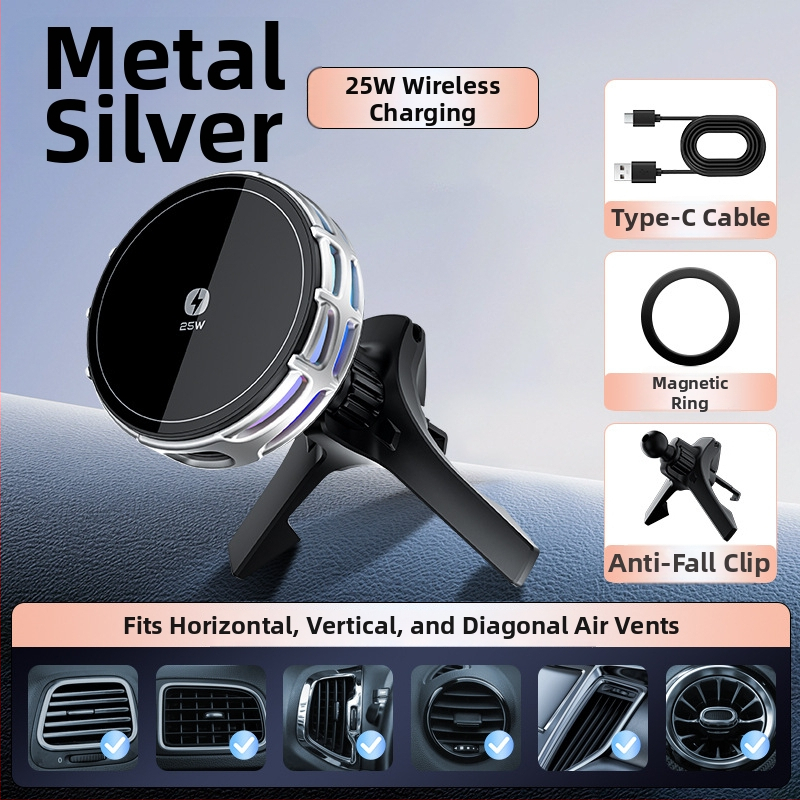 Auto držač za telefon s bežičnim punjenjem, dvostruki magnetski, sklopivi zaslon, 25W, kompatibilan s navigacijom