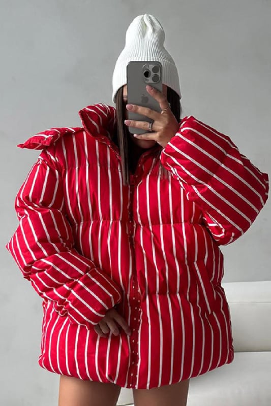 Laisvai krintantis medvilnės paltas su nuimama gobtuvu ir stovinčia apykakle, dryžuotas raštas, Oxford audinys, poliester/spandeks mišinys