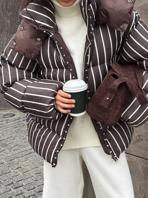 Laisvai krintantis medvilnės paltas su nuimama gobtuvu ir stovinčia apykakle, dryžuotas raštas, Oxford audinys, poliester/spandeks mišinys