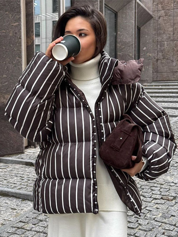 Laisvai krintantis medvilnės paltas su nuimama gobtuvu ir stovinčia apykakle, dryžuotas raštas, Oxford audinys, poliester/spandeks mišinys