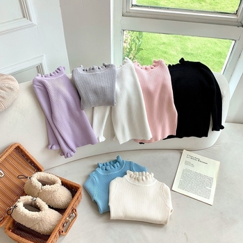 Bērnu adītais džemperis Korejas stilā, bieza auduma, garas piedurknes, augsta apkakle, vienkrāsains raksts