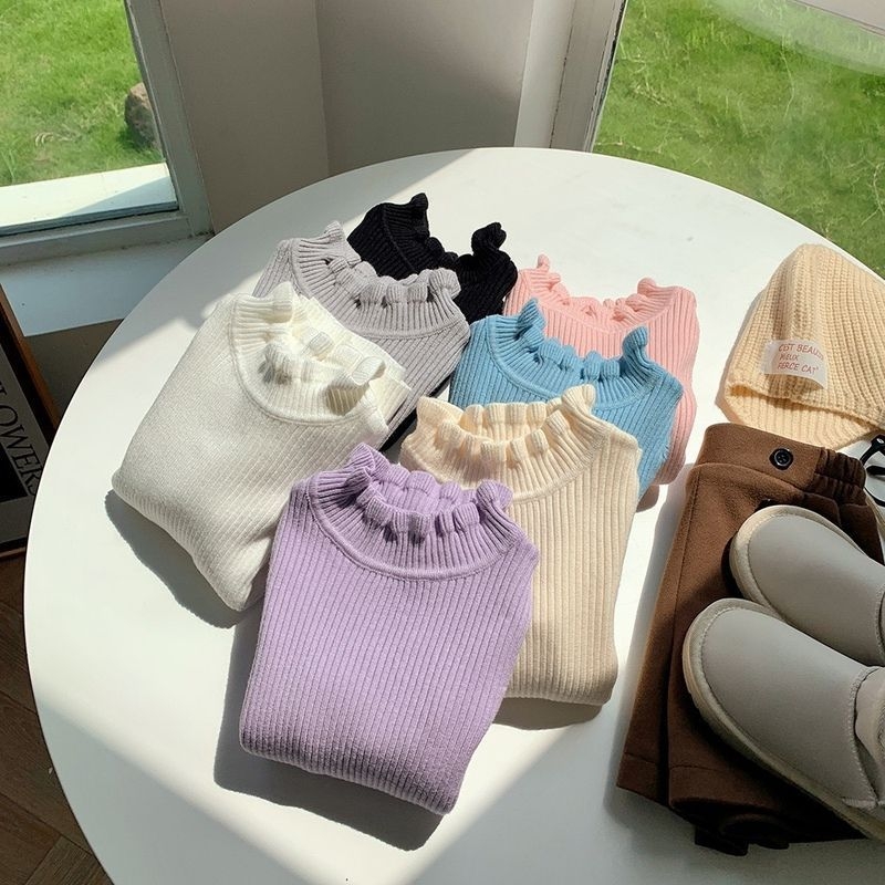 Bērnu adītais džemperis Korejas stilā, bieza auduma, garas piedurknes, augsta apkakle, vienkrāsains raksts