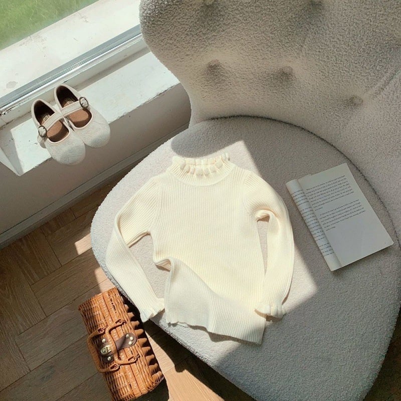 Bērnu adītais džemperis Korejas stilā, bieza auduma, garas piedurknes, augsta apkakle, vienkrāsains raksts