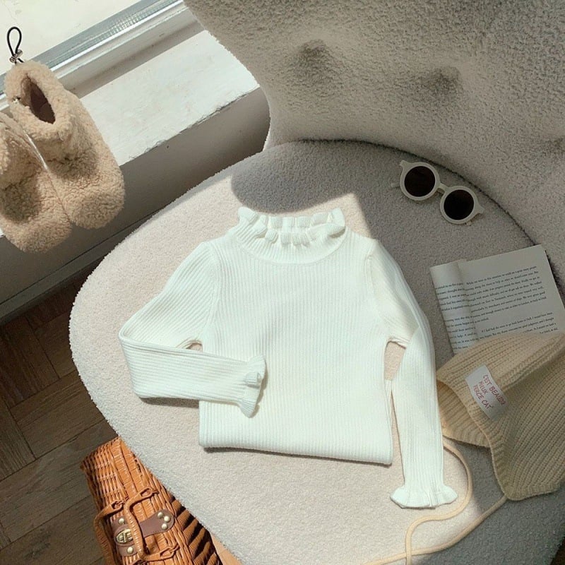 Bērnu adītais džemperis Korejas stilā, bieza auduma, garas piedurknes, augsta apkakle, vienkrāsains raksts