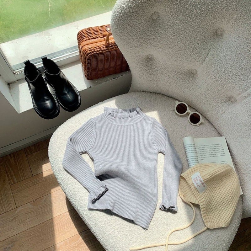 Bērnu adītais džemperis Korejas stilā, bieza auduma, garas piedurknes, augsta apkakle, vienkrāsains raksts