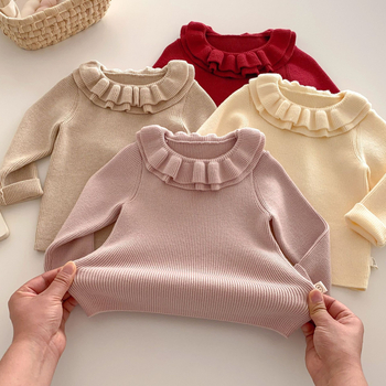 Bērnu adīts džemperis ar mežģīņu apkakli, core-spun pavedienu, viskoze 49,3%, garas piedurknes, meitenēm 3–8 gadu vecumā