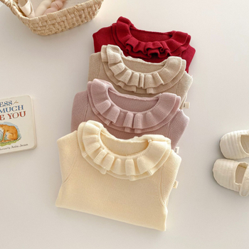 Bērnu adīts džemperis ar mežģīņu apkakli, core-spun pavedienu, viskoze 49,3%, garas piedurknes, meitenēm 3–8 gadu vecumā