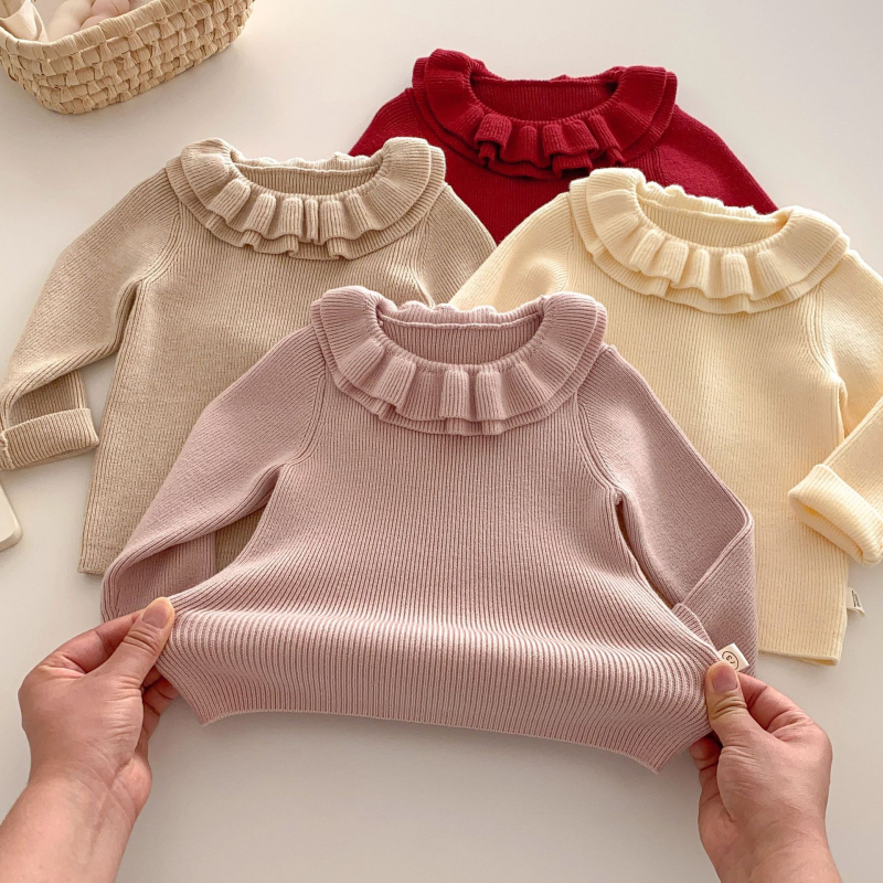 Bērnu adīts džemperis ar mežģīņu apkakli, core-spun pavedienu, viskoze 49,3%, garas piedurknes, meitenēm 3–8 gadu vecumā