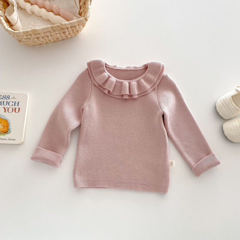 Bērnu adīts džemperis ar mežģīņu apkakli, core-spun pavedienu, viskoze 49,3%, garas piedurknes, meitenēm 3–8 gadu vecumā