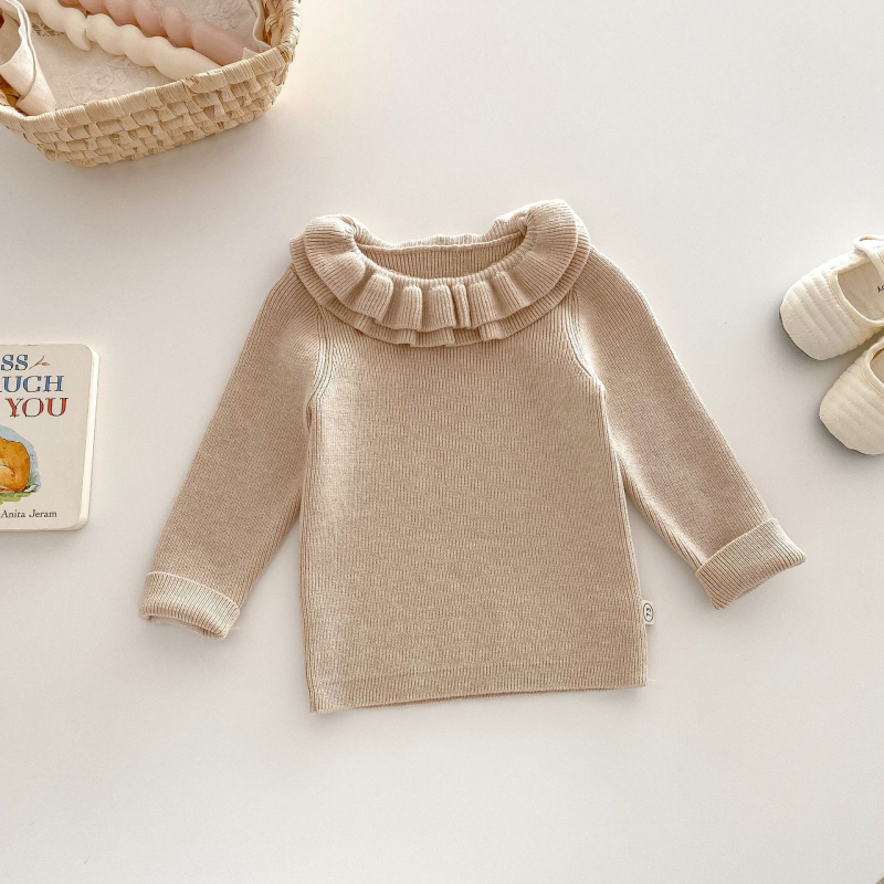 Bērnu adīts džemperis ar mežģīņu apkakli, core-spun pavedienu, viskoze 49,3%, garas piedurknes, meitenēm 3–8 gadu vecumā