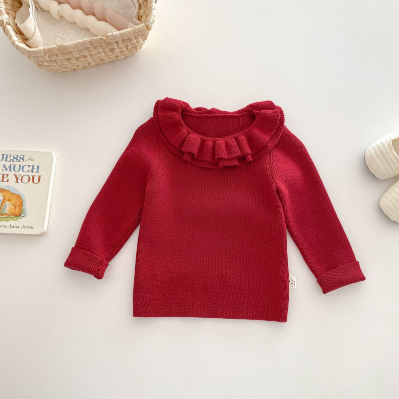 Bērnu adīts džemperis ar mežģīņu apkakli, core-spun pavedienu, viskoze 49,3%, garas piedurknes, meitenēm 3–8 gadu vecumā