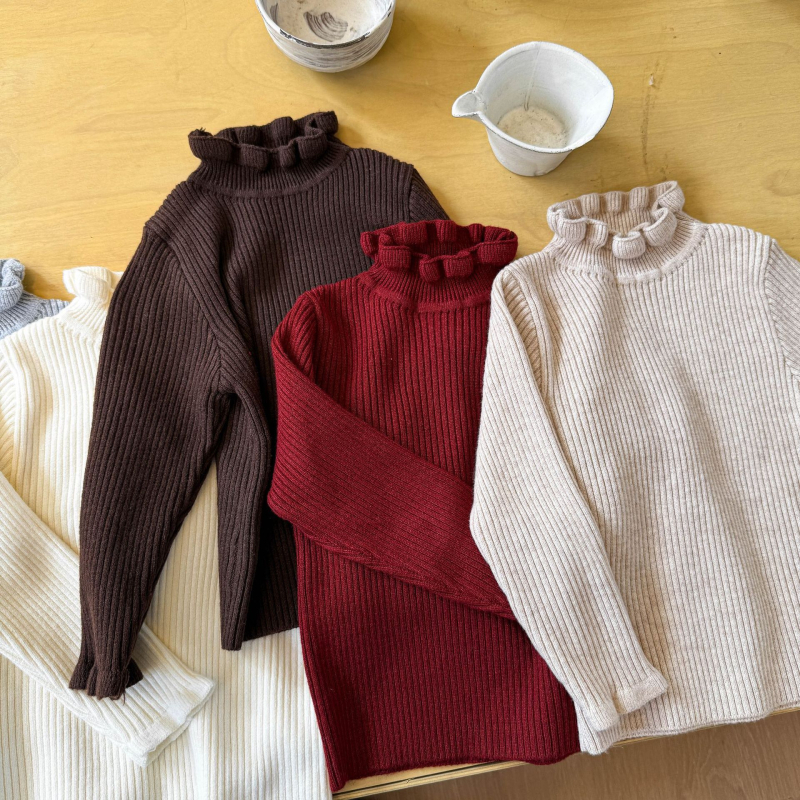 Bērnu adījuma džemperis ar pusaugsto apkakli, korejiešu stils, vienkrāsains, 50% akrils, garas piedurknes, ziemas 2025